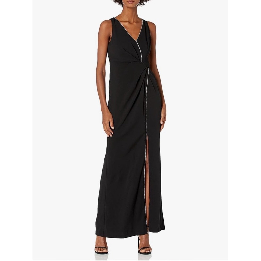 Adrianna Papell Black Long Gown Evening Dress Silver embellishments size 18 NWT